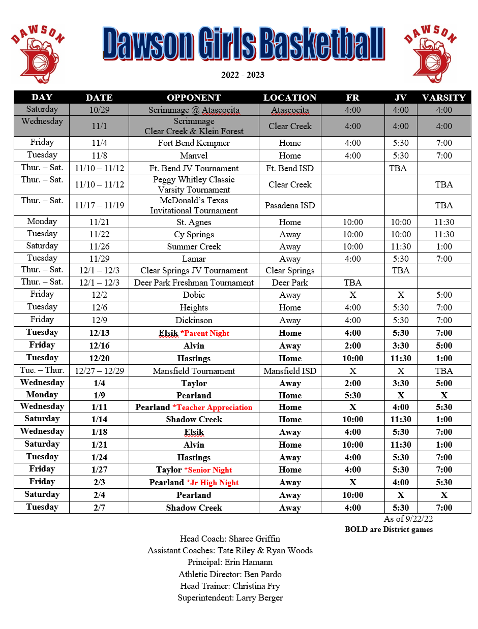 Dawson Girls Basketball Schedule